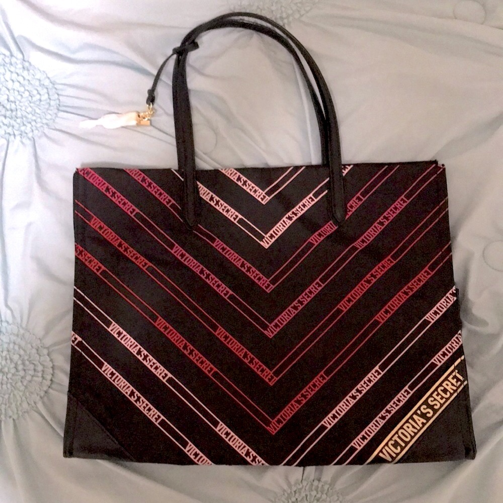Victoria’s Secret Tote Bag Black Gold Details Nylon and Faux Leather Corners